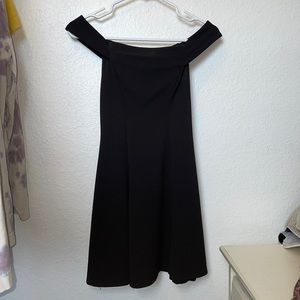 BLACK OFF SHOULDER FIT & FLARE DRESS